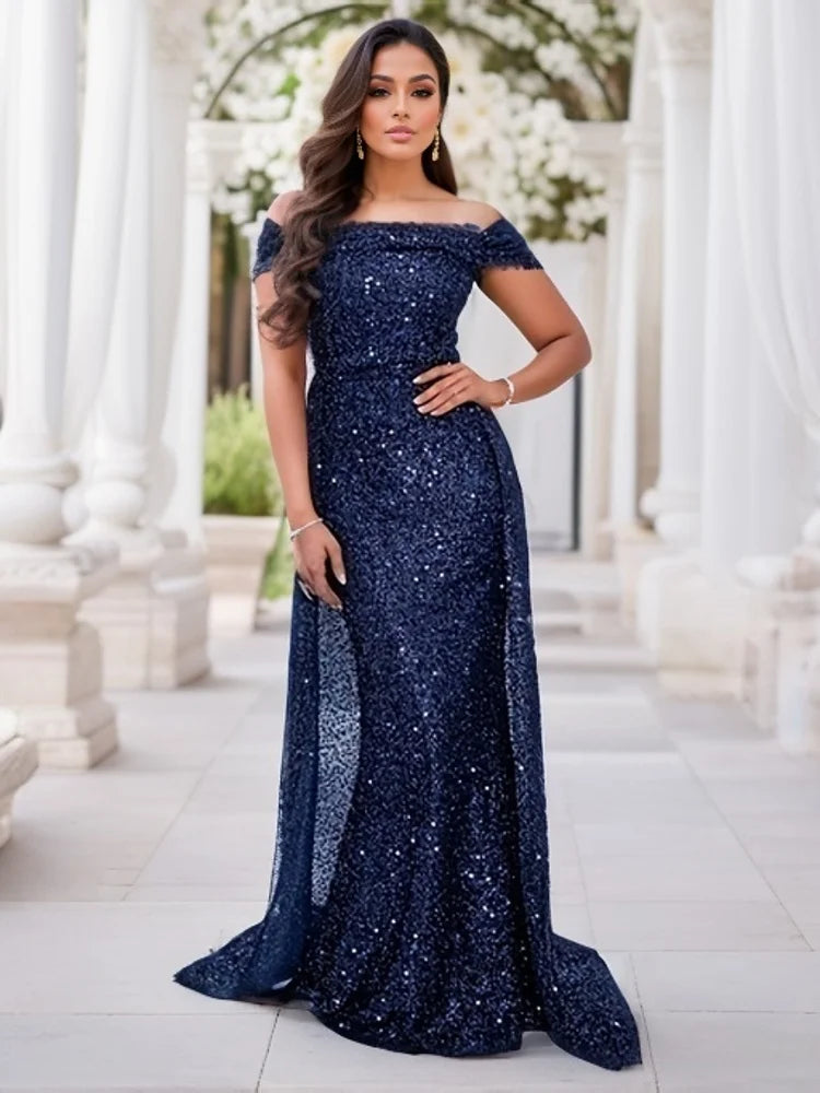 Romagic Navy Blue Slash Neck Off Shoulder Prom Gown Sequin Detachable Train Mermaid Evening Party Dresses Cocktail Dress 2025