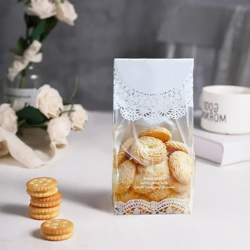 50pcs/lot White Lace Cookie Biscuit Bag Wedding Gift Candy Cupcake Hand Made DIY Christmas Plastic Packaging Bags