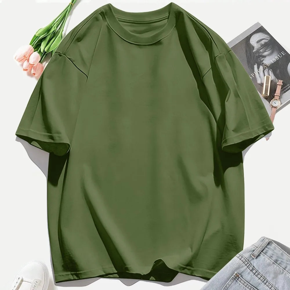 Y2K Woman 100% Cotton T Shirts Solid Color Casual T-Shirt O-Neck Summer Tops For Women Fashion Oversized Female Sportswear