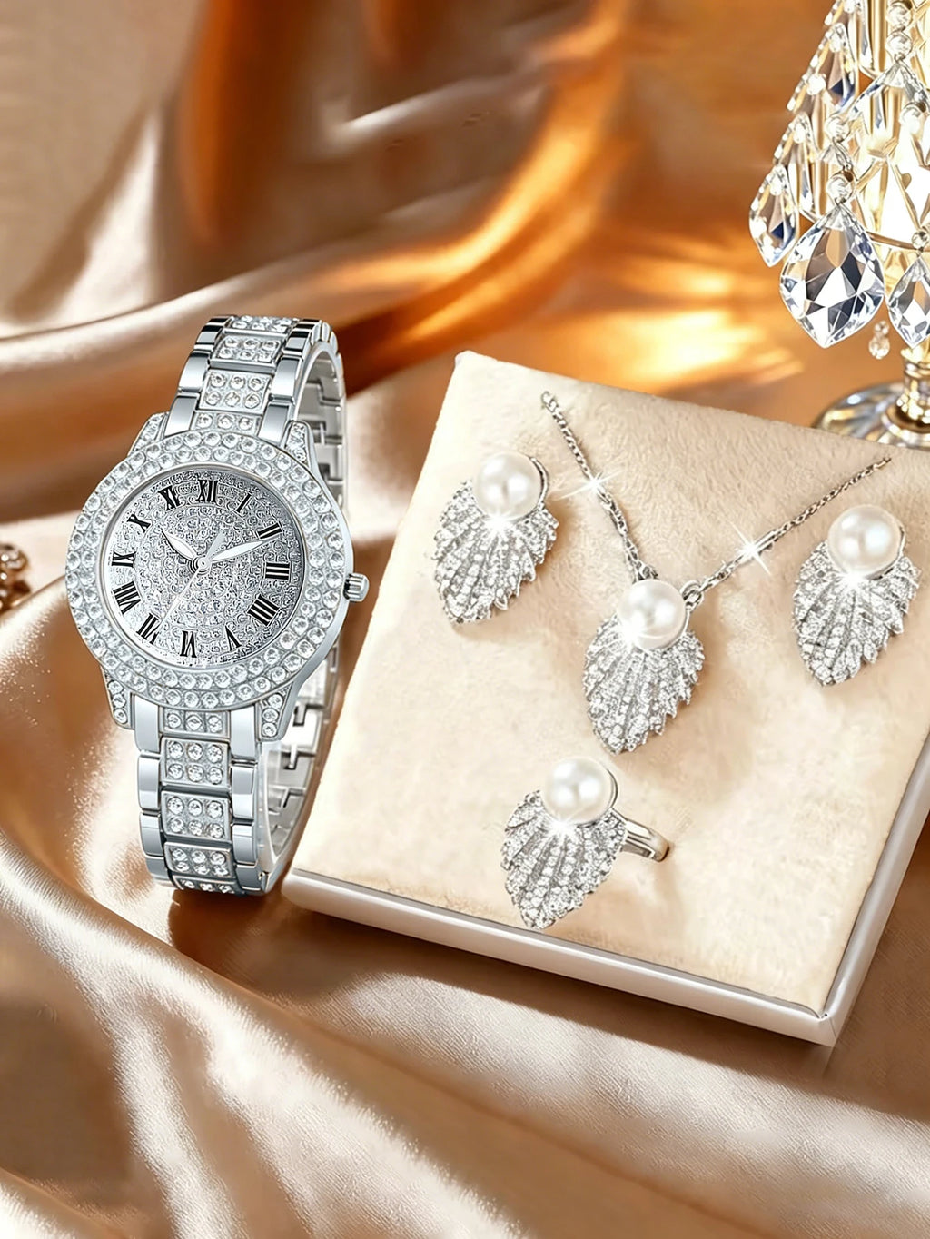Luxurious Fashion Ladies round Shell Quartz Watch Set with Feathers Shaped Embedded Jewelry Accessory Ideal Gift