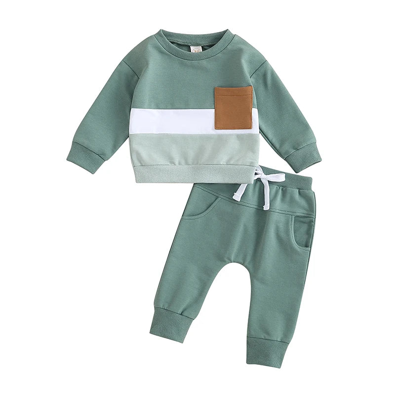 2PCS Winter Baby Tracksuit For Toddler Boys Outfits Contrast Color Long Sleeve Sweatshirts Tops Long Pants Toddler Clothes Set