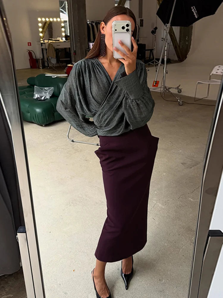 Structured Cut Pocket High Waist Midi Skirt Slim Fit Solid Color 2026 Autumn Fashion Elegant Women Bottom Trendy Chic Lady Skirt