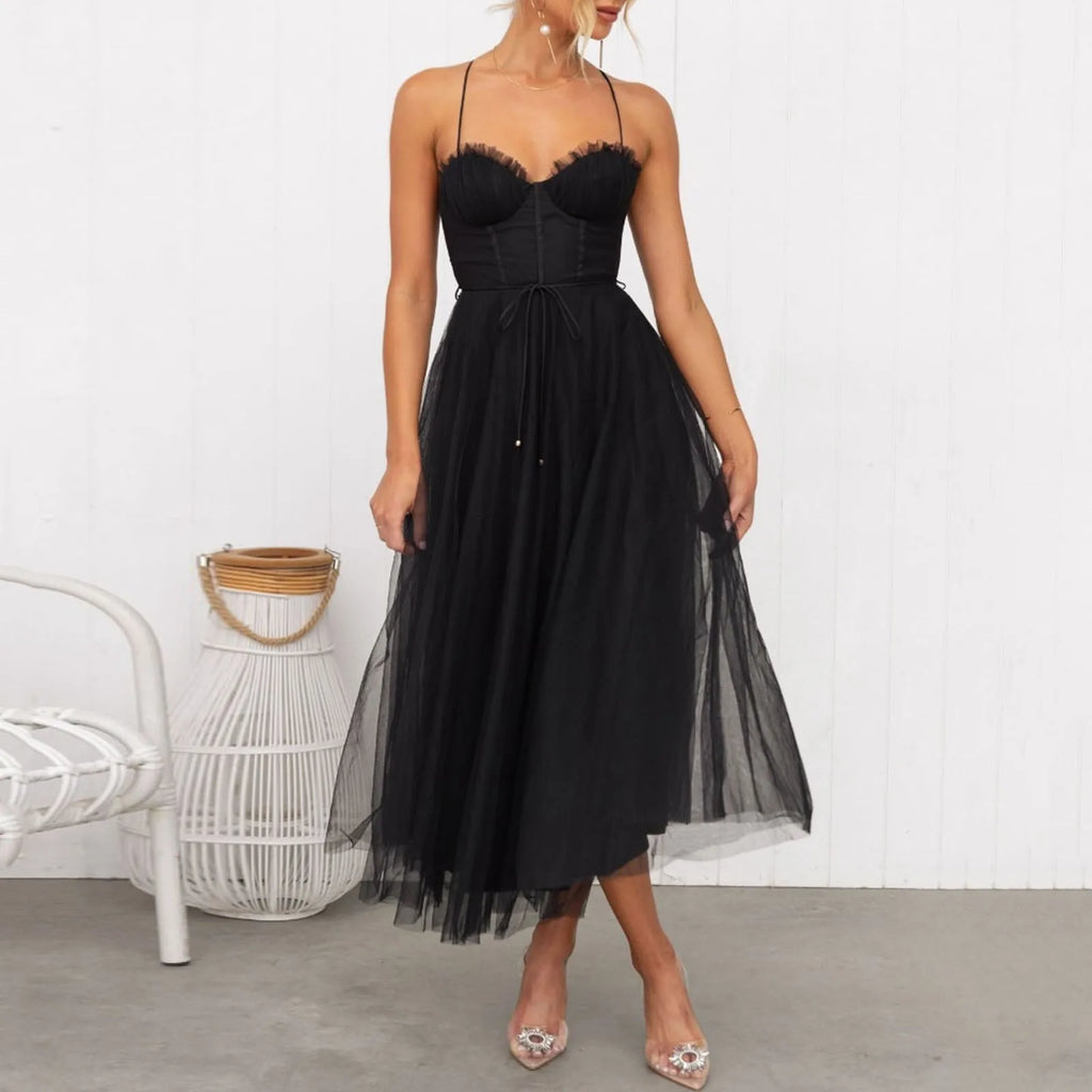 Elegant Midi Wrap A-Line Dress Women Spaghetti Strap 2025 High Waist Tulle Evening Dress Backless Sexy Party Dresses