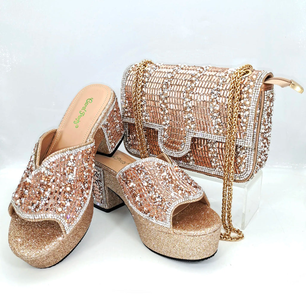 QSGFC Italian Design Fashion Crystal Fish Mouth High Heels Elegant, Exquisite, And Mature Women's Sandals And Square Bag Set