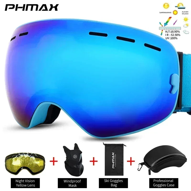 PHMAX Ski/Snowboard Goggles for Men Women, OTG Snow Goggles Anti Fog UV Protection Red Double Layers Lens Wide Vision Winter