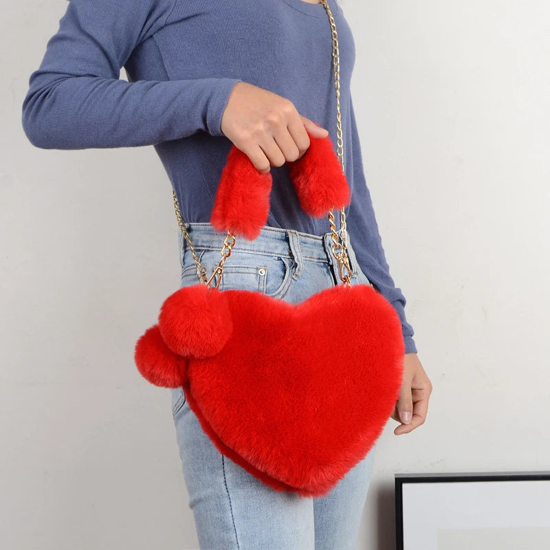 Women Hand Bags New Plush Love Heart Shaped New Fashionable Solid Color Soft Comfortable Purses and Handbags Bags for Ladies