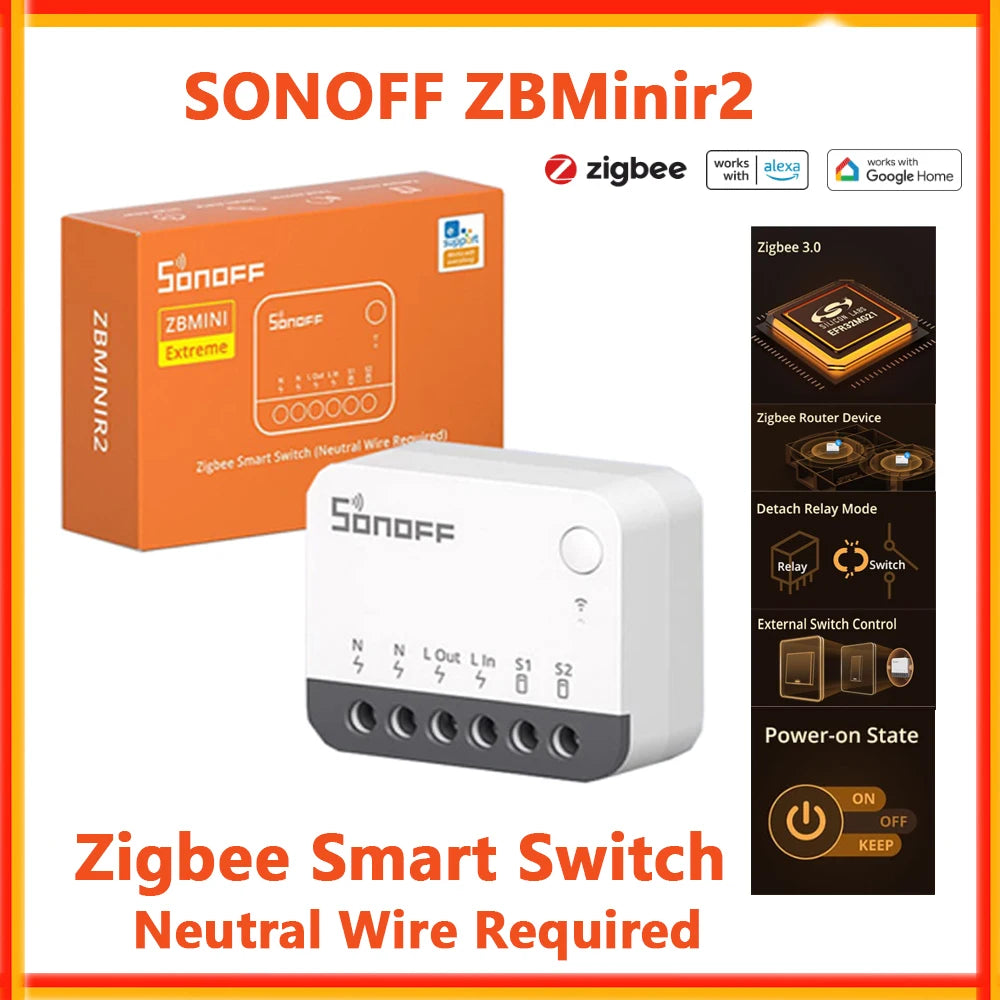 SONOFF ZBMinir2 ZBMini Extreme Zigbee Smart Switch Detach Relay External Switch Control Via EWeLink Compatible with Zigbee Hub