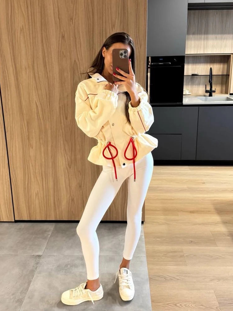 Fashion Drawstring Short Jacket Women Lapel Long Sleeve Single-breasted Slim Coat Spring Autumn Lady Daily Street Outerwear 2026