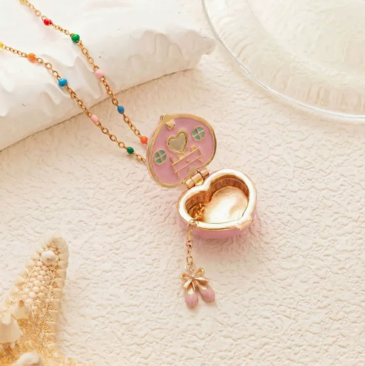 Fairy Tale Gingerbread House Necklace Open and Close Pendant Necklace Women Girls Enamel House Girl Necklace Jewelry Accessory