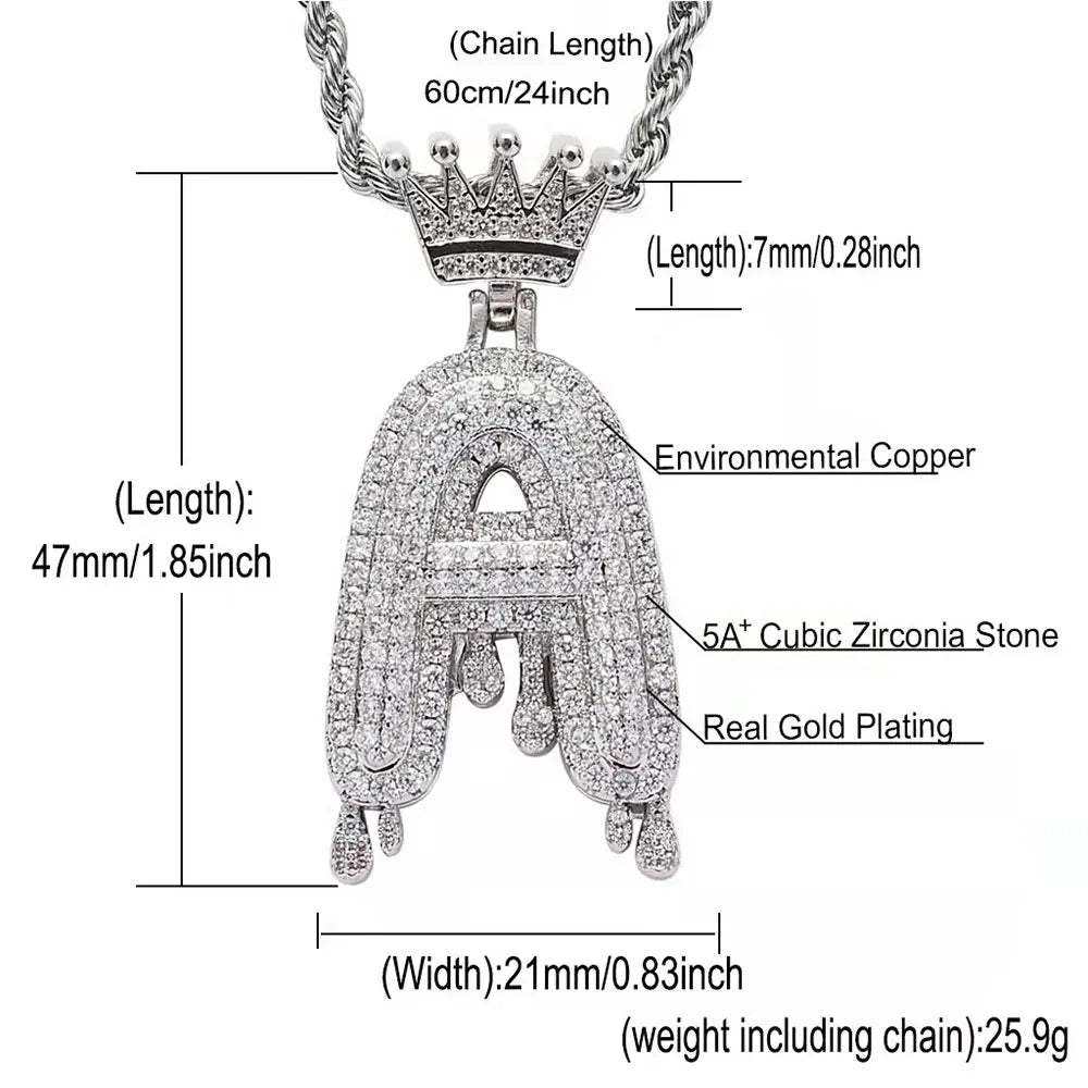 Hip Hop Iced Out Bling Cubic A-Z Drip Crown Zircon Initial Letters Necklaces Pendant Necklace Chain Men Jewelry with Rope Chain