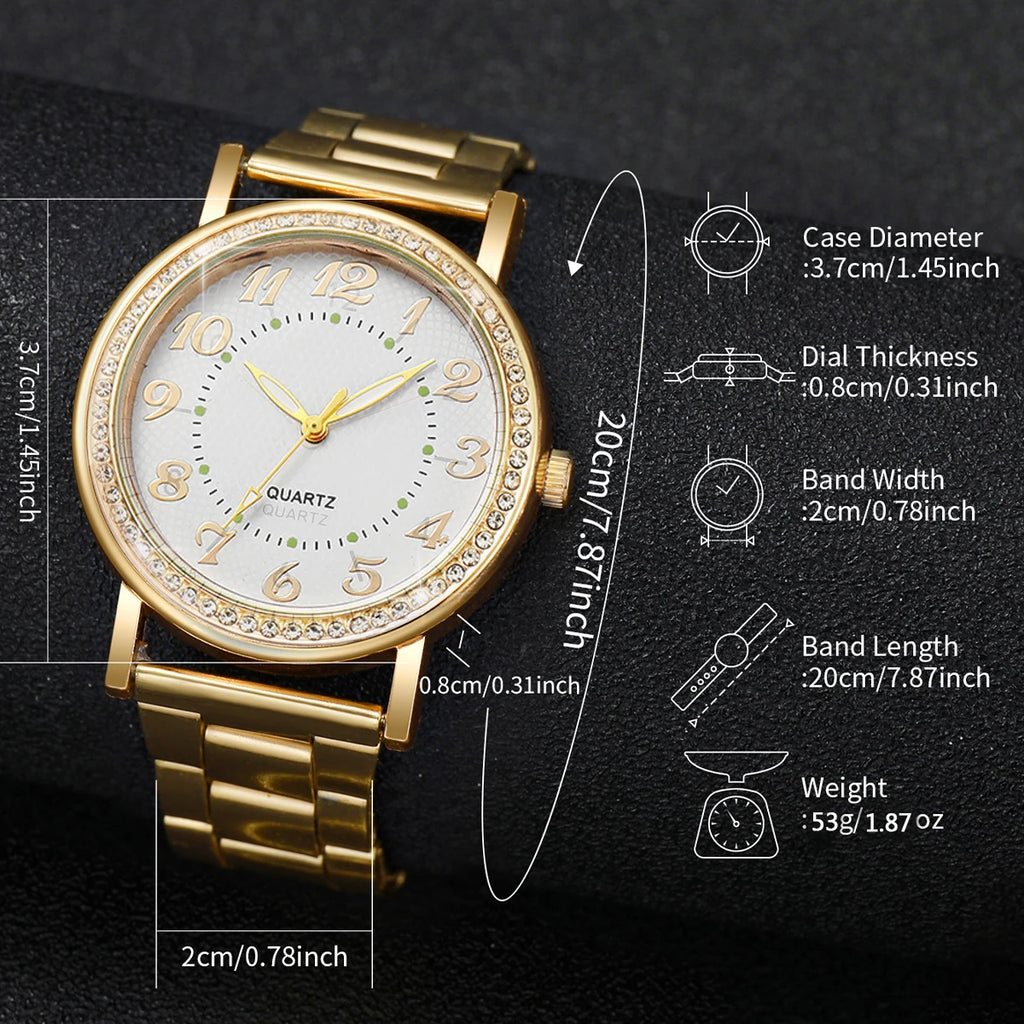 6PCS/Set Fashion Arabic Dial Women Quartz Wristwatch Alloy Strap Watches For Ladies Clock With Diamond Jewelry (Without Box)