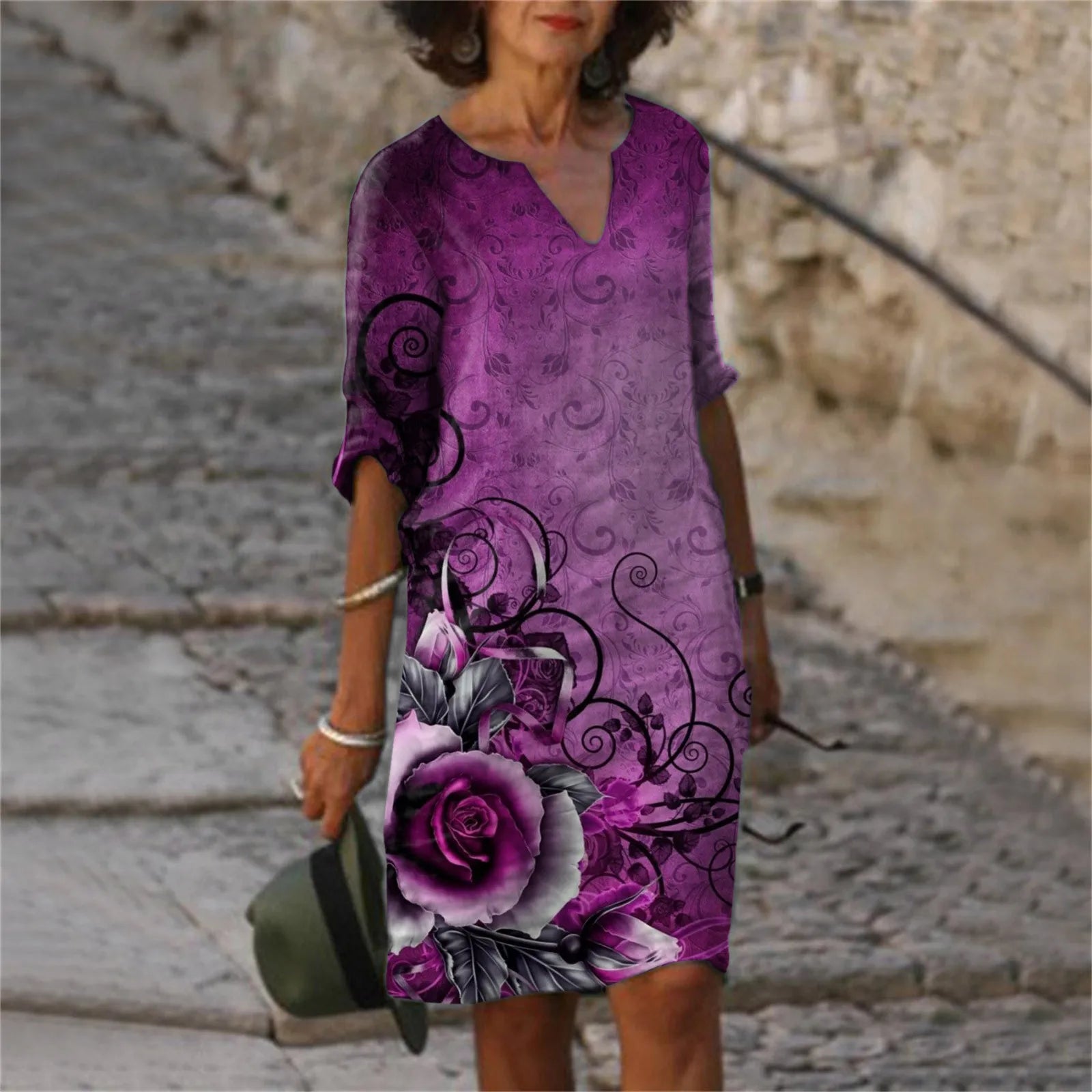 Mom Casual Dresses V Neck Elegant Retro Printed Medium Sleeved Dress Summer Fashion Streetwear Maxi Vestidos For Daily Fit