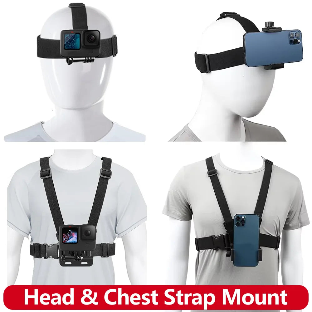 Accessories Kit Head & Chest Strap Mount Adjustable Phone for GoPro Insta360 DJI OSMO Nano SJCAM AKASO Action Camera Smartphones