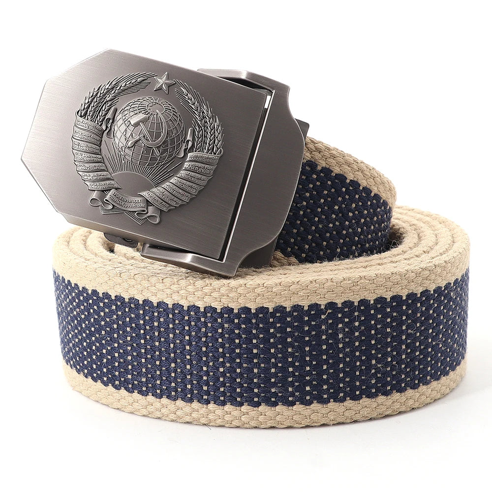 Mens Canvas Outdoor Tactical Army Belt 3D Soviet National Emblem Metal Buckle Unisex Jeans Belt for Men Military Training Belts