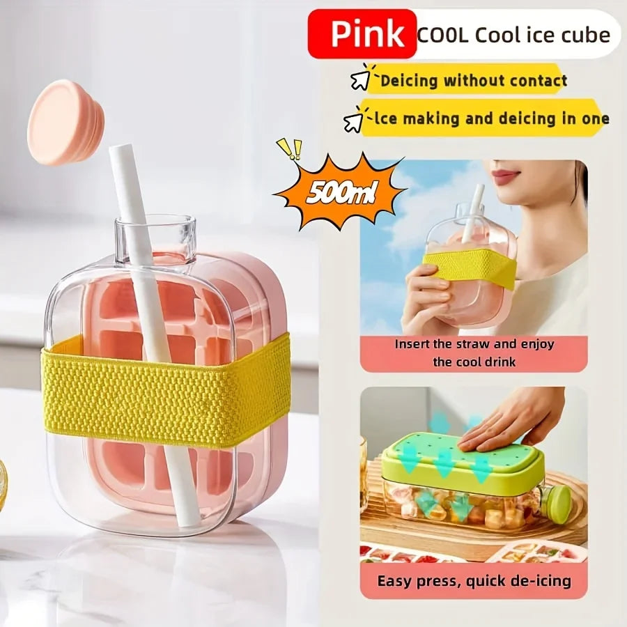 12-Grid 500/800ml Silicone Food-Grade Ice Cube Tray Large Capacity Water Bottle Combo with Lid Flexible Transparent Plastic Mold