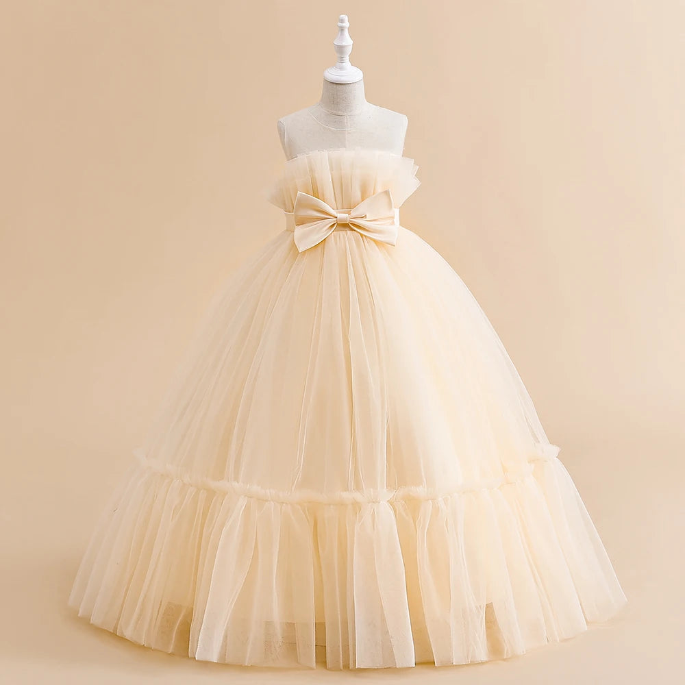 2023 Summer Girls Dress Tulle White Party Bridesmaid Dresses For Children Costume Elegant Kids Girl Wedding Evening Vestidos