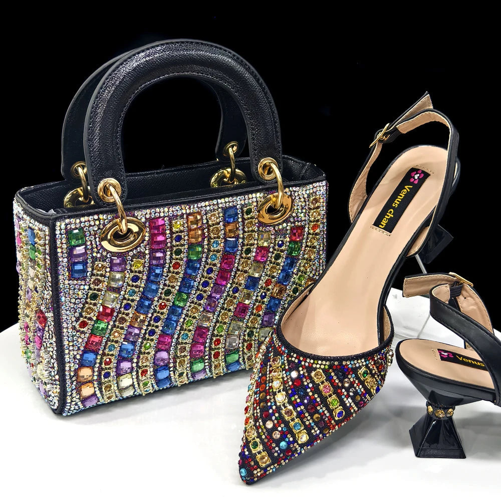 2025 Summer New Design Specials Italian Women Shoes and Bag Set Blue Color Comfortable Low Heels With Rhinestone