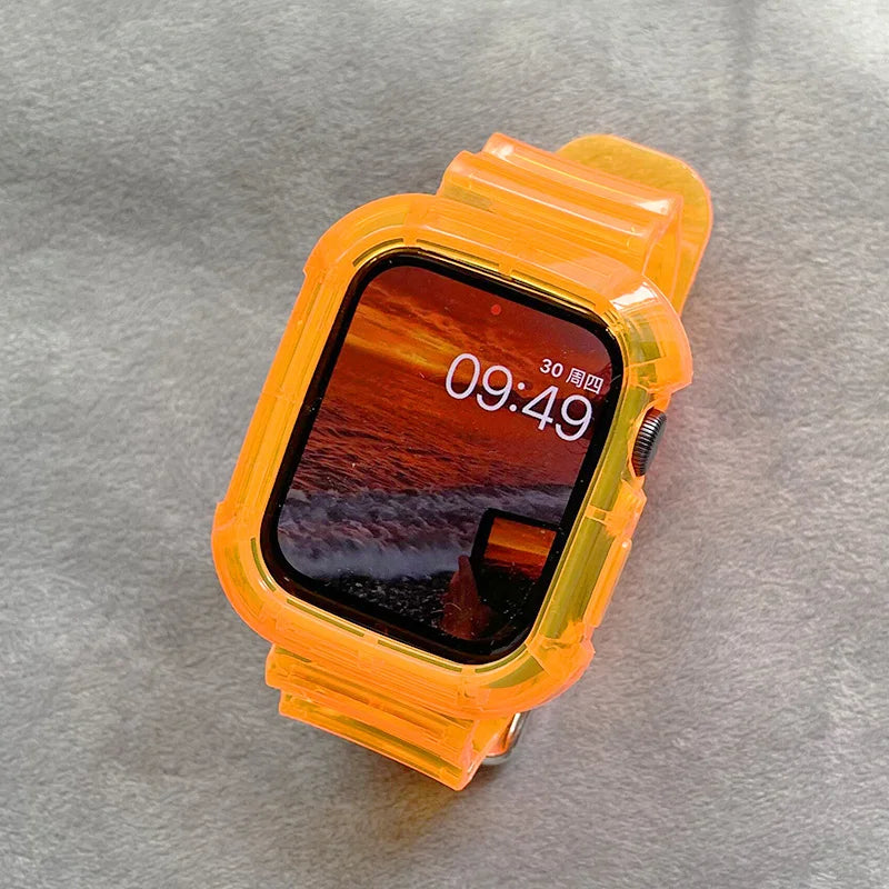 Cute Pink Transparent Case+Strap For Apple Watch Band 49mm 41mm 40mm 44mm 42mm 38 Silicone Bracelet For iWatch 8 7 SE 6 5 Cases