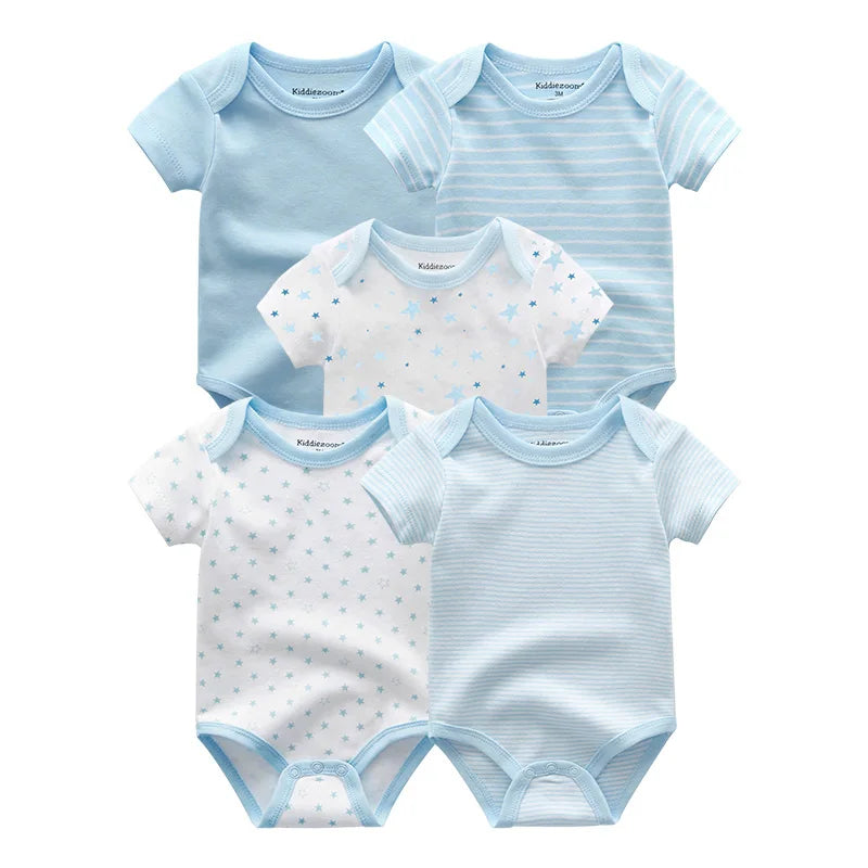 Newborn Bodysuits Unisex 5Pieces Baby Girl Clothes Solid Color Cotton Baby Boy Clothes Set Cartoon Print Summer Bebes
