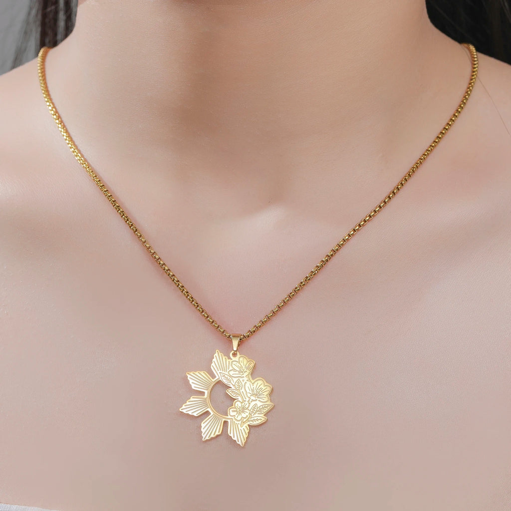 Unift Philippine Sun and Sampaguita Flower Necklace Stainless Steel Choker for Women Men National Symbol Sampaguita Jewelry Gift