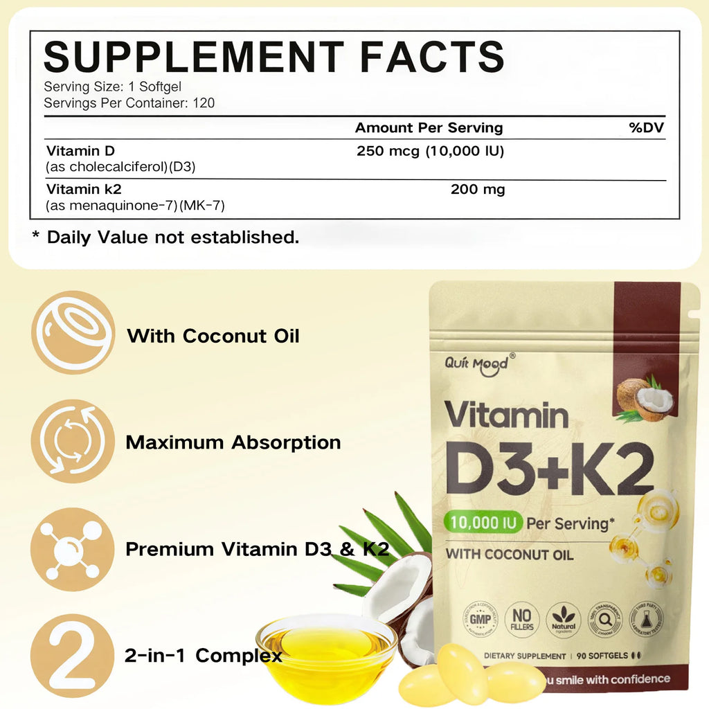 Vitamin D3K2, Assists Calcium Absorption, Trace Ingredient Vitamin Supplement Soft Capsule