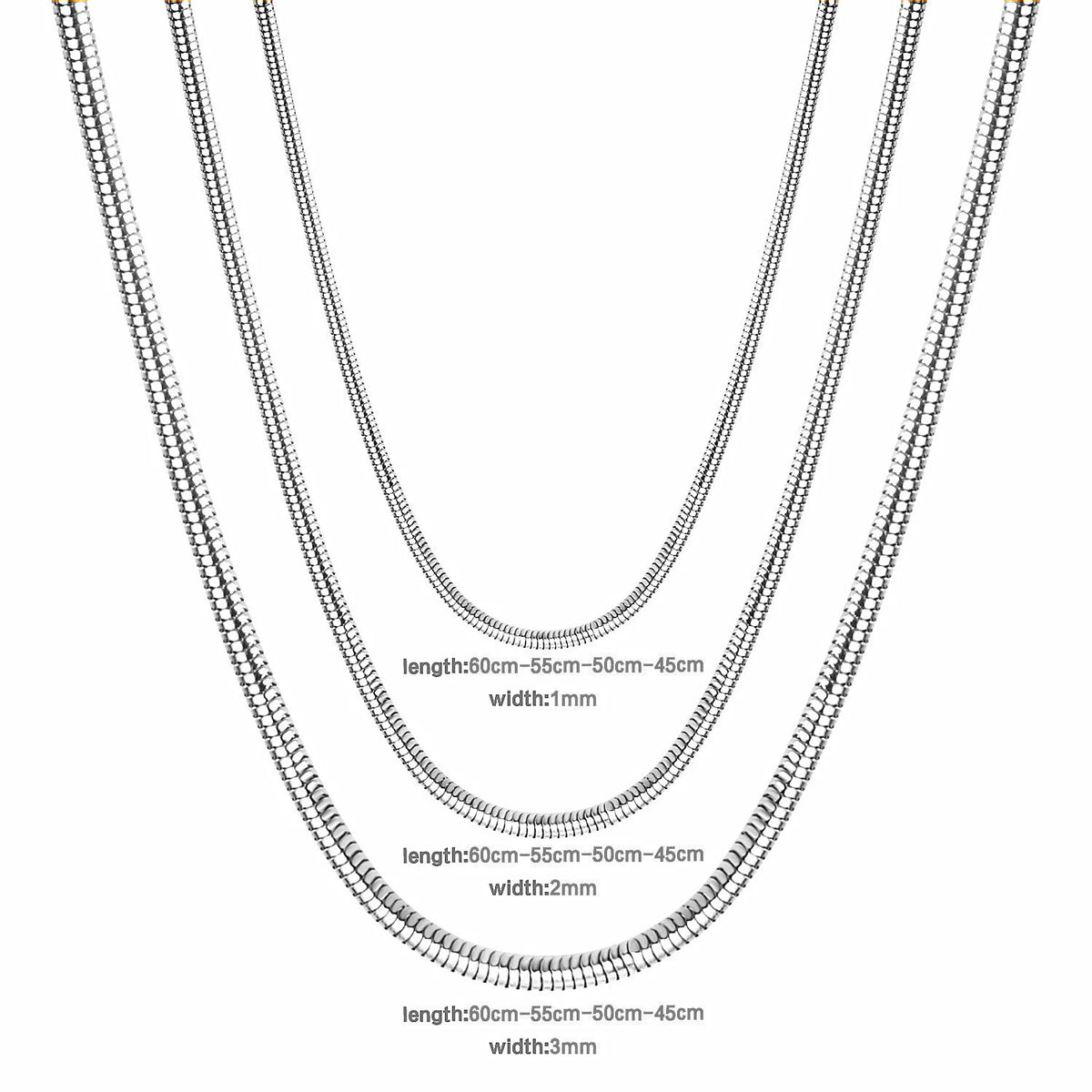 LUXUSTEEL Suitable for Men and Women 1mm 45cm/50cm/55cm/60cm Round Snake with Chain Necklace Stainless Steel Jewelry