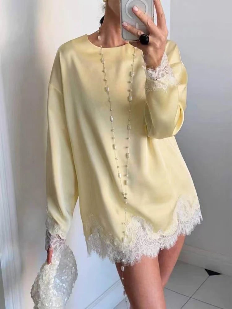 Satin Lace Patchwork Dress Women Long Sleeve O-neck Casual 2026 Spring Female Dresses Casual Solid Beach Robe Not Contain Pearls