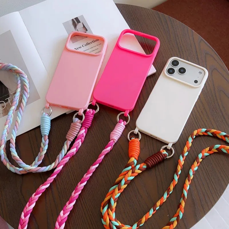 Fashion Lanyard Case For iPhone 17 Pro Max 18 14 12 11 13 15 16 Plus Air Shockproof Candy Crossbody Neck Cord Braid Strap Cover