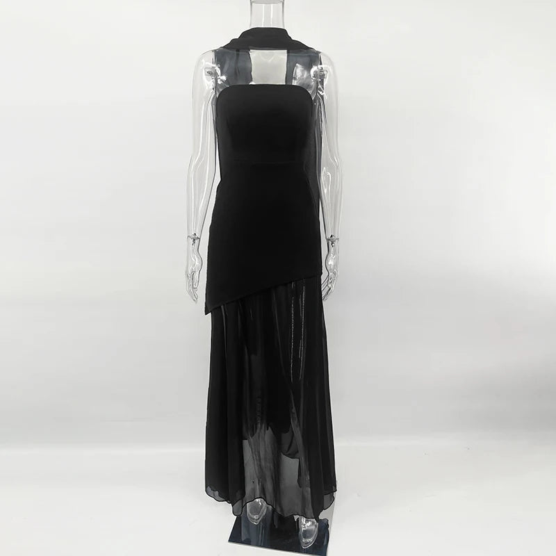 2025 New Strapless Dress With Ribbon Women's Elegant Sleeveless Mesh Beach Vacation Long Dress Spring Fashion Lady Dress