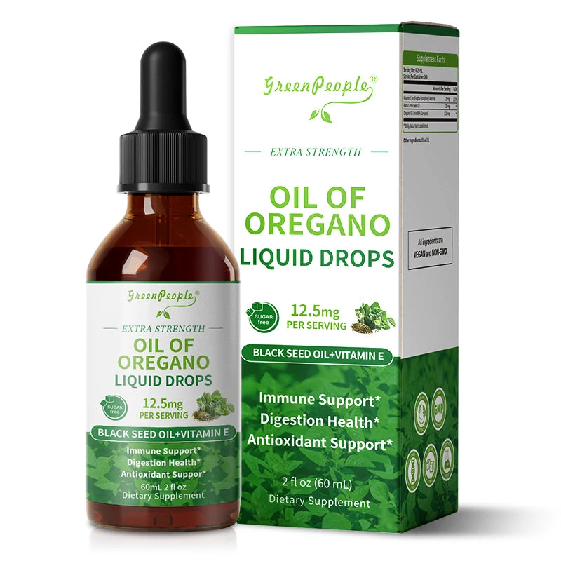 60ML Organic Oregano Oil Drops with Black Seed Oil & Vitamin E Immune, Respiratory,Digestive Support Vegan,Sugar-Free,Non-GMO