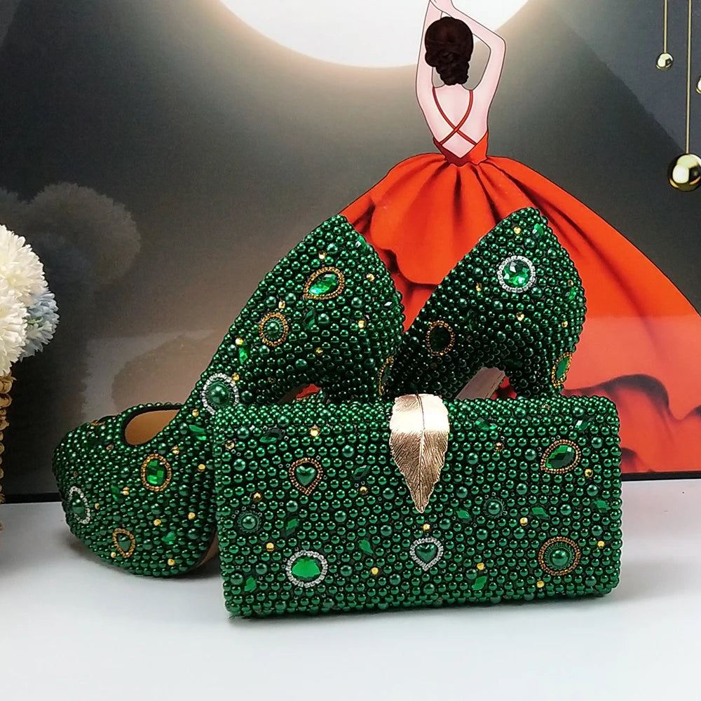 Fashion New Arrival Green Pearl Bridal Shoes and Bag Set Woman Party Dress Shoes Big Size Ankle Strap Buckle Shoes High Pumps