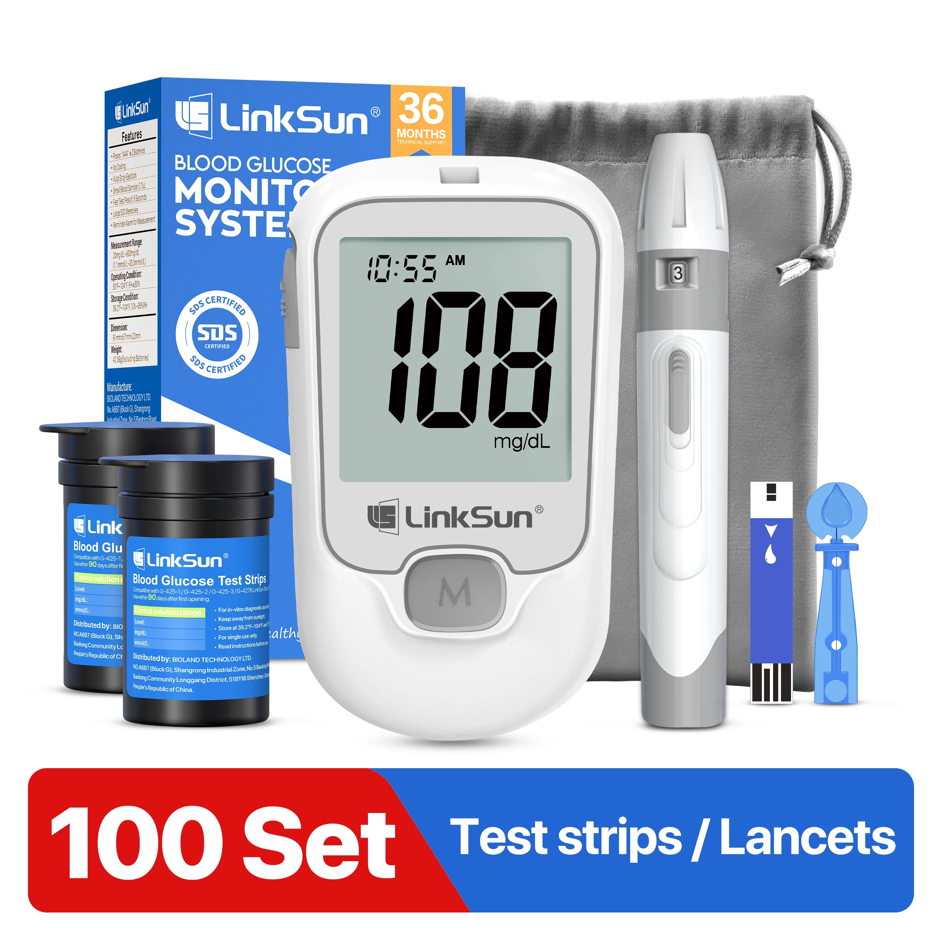 LinkSun G-425-1 Blood Glucose Meter Kit 50/100pcs Test Strips Lancets for Diabetes Monitor Digital Glucometer Blood Sugar Meter