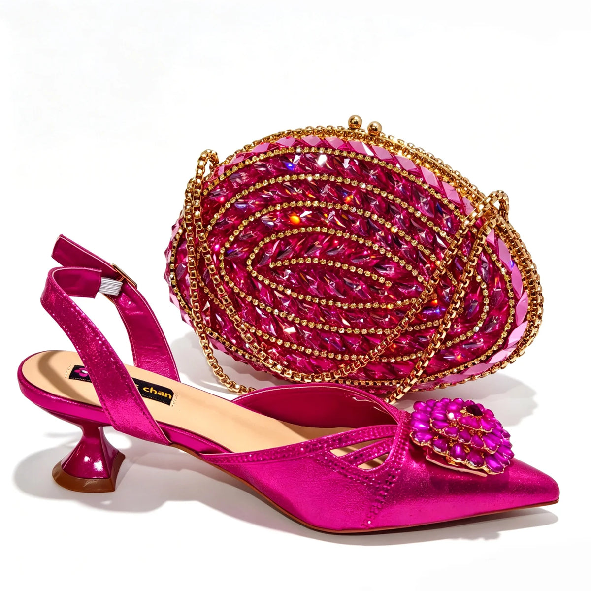 Shimmery Glitter Slingback Women High Heels Fuchsia Shoes and Matching Bag Set Rhinestone Wedding Party Banquet Events