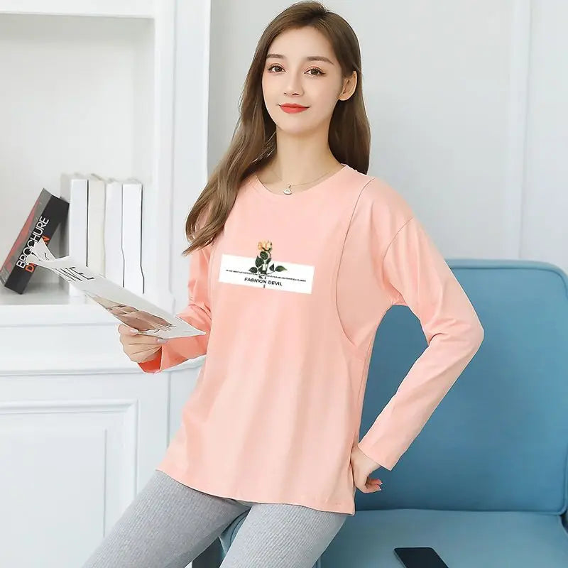 2025 Autumn Long Sleeve O-neck Postpartum Women Nursing T-shirt Maternity Breastfeeding Top Pregnancy Lactation Tees 7 Colors