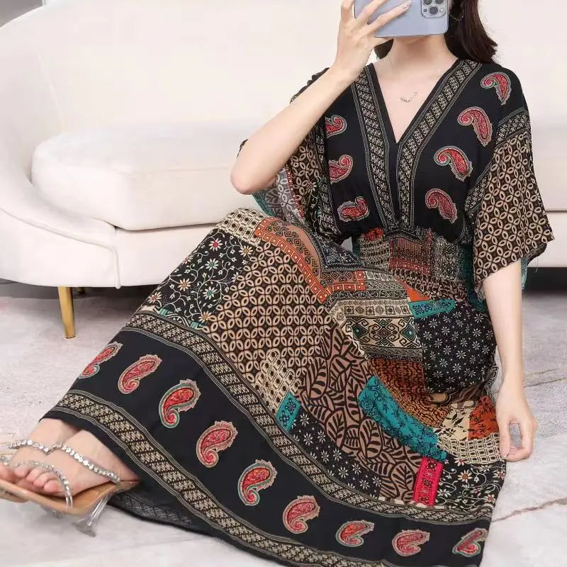 2025 Summer New Casual Elegant Retro Bohemian Style V-neck Elastic Waist Large Swing Printed Long Skirt Autumn Summer Dress