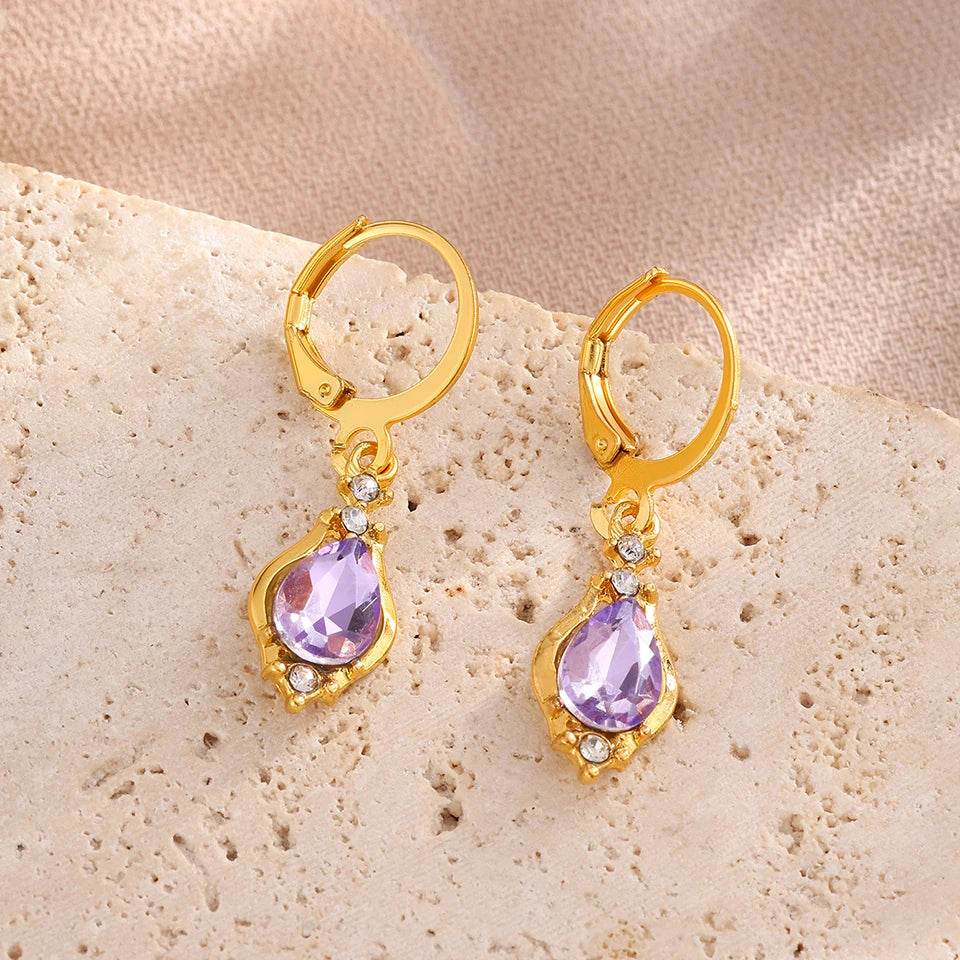 ZAKOL Vintage Shiny Purple Crystal Stone Drop Hoop Earrings For Women Water Dorp Boho Long Dangle Earrings Jewelry Gift