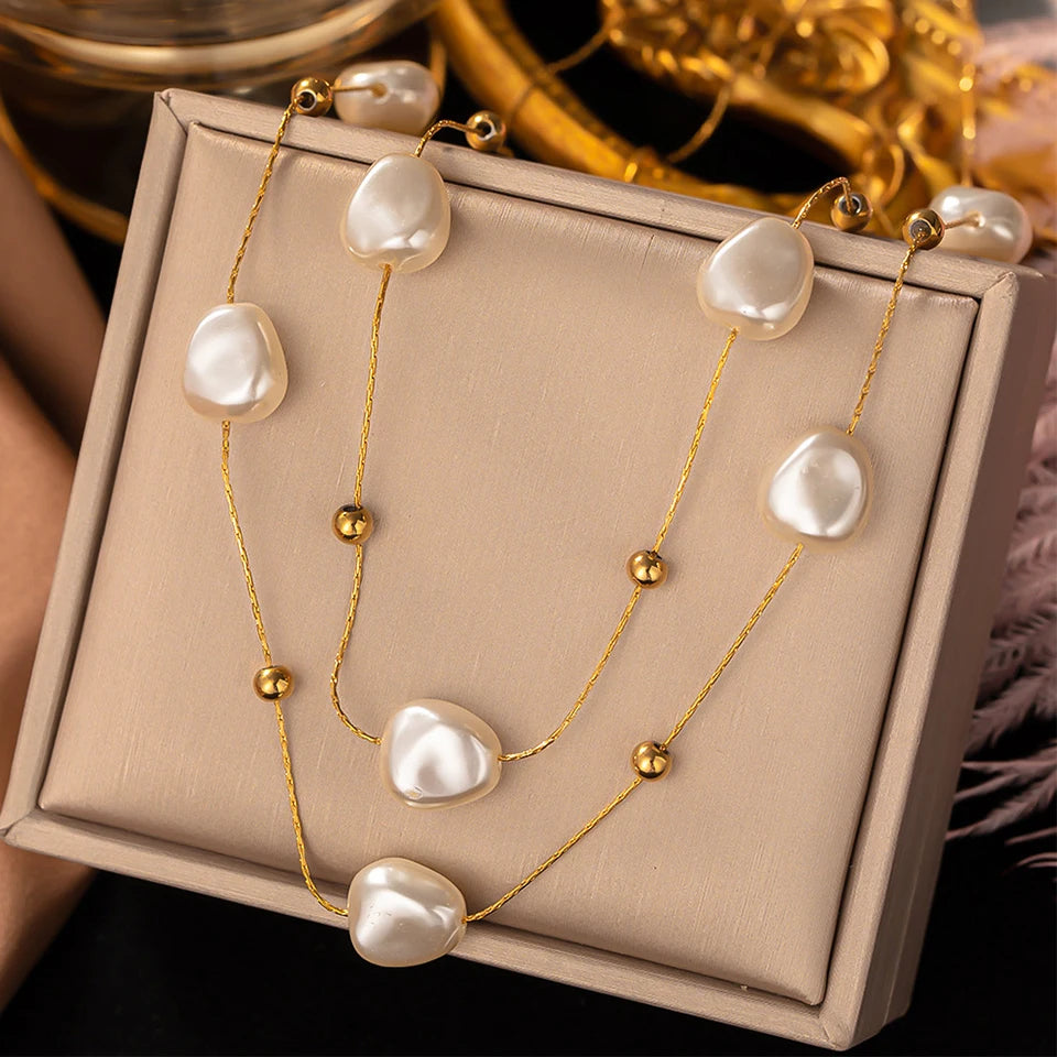 Yupsk 316L Stainless Steel Double Layer Pearl Choker Necklace for Women 2in1 Chains Necklaces Bridal Wedding Party Jewelry