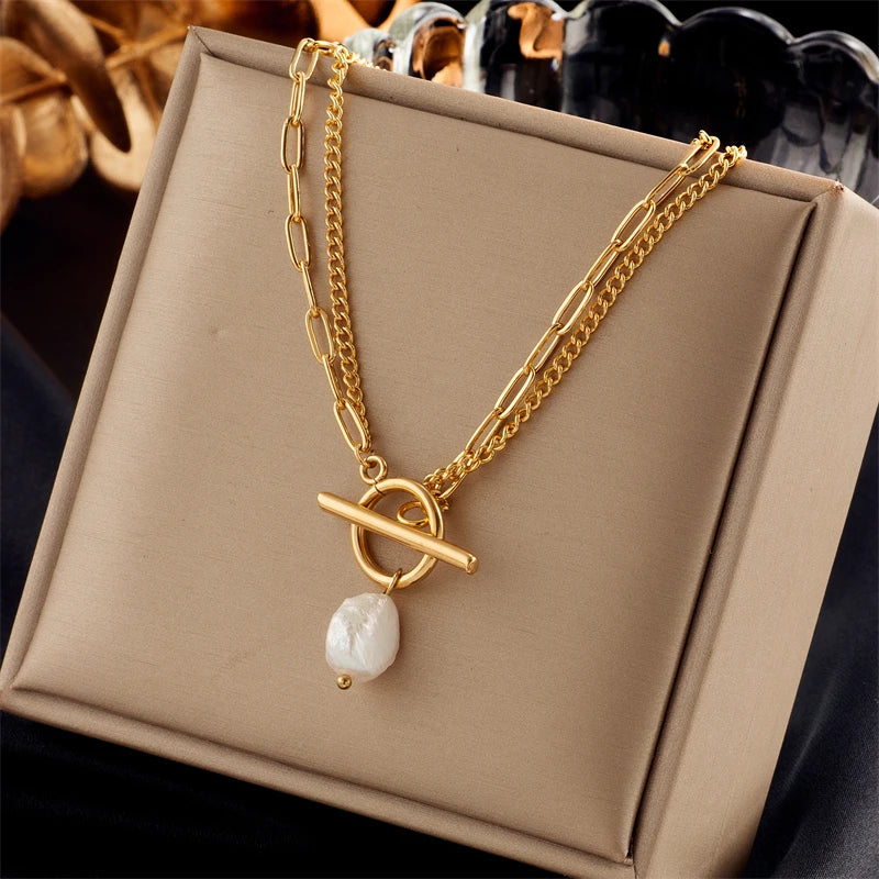 DIEYURO 316L Stainless Steel OT Clasp Large Pearl Pendant Necklace For Women New Girls 2-Layer Chain Jewelry Party Gifts Bijoux