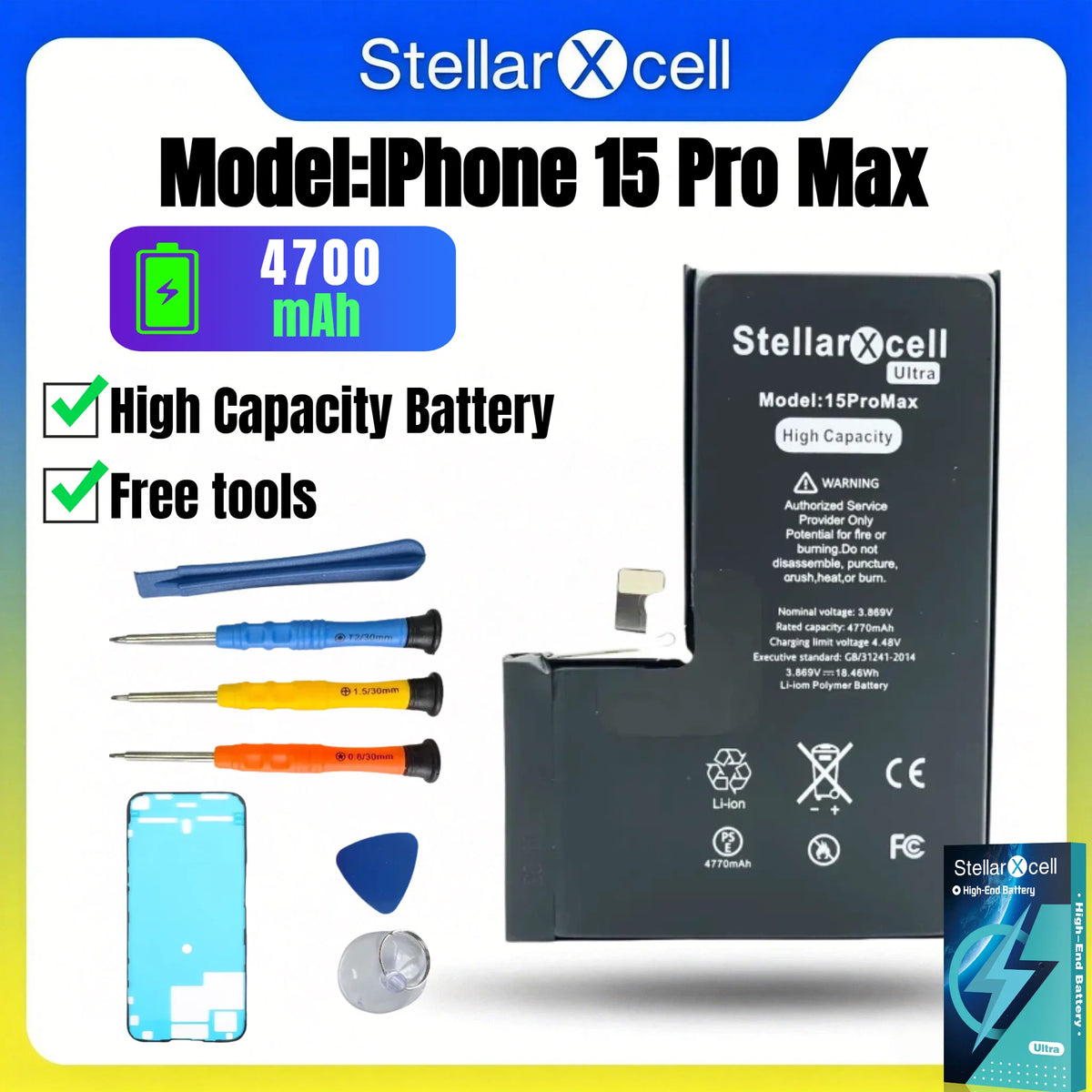 StellarXcell Ultra Original Battery High Capacity Cell for iPhone 7037 TI for 11 12 13 14 15 Pro Plus promax mini with Free Tool