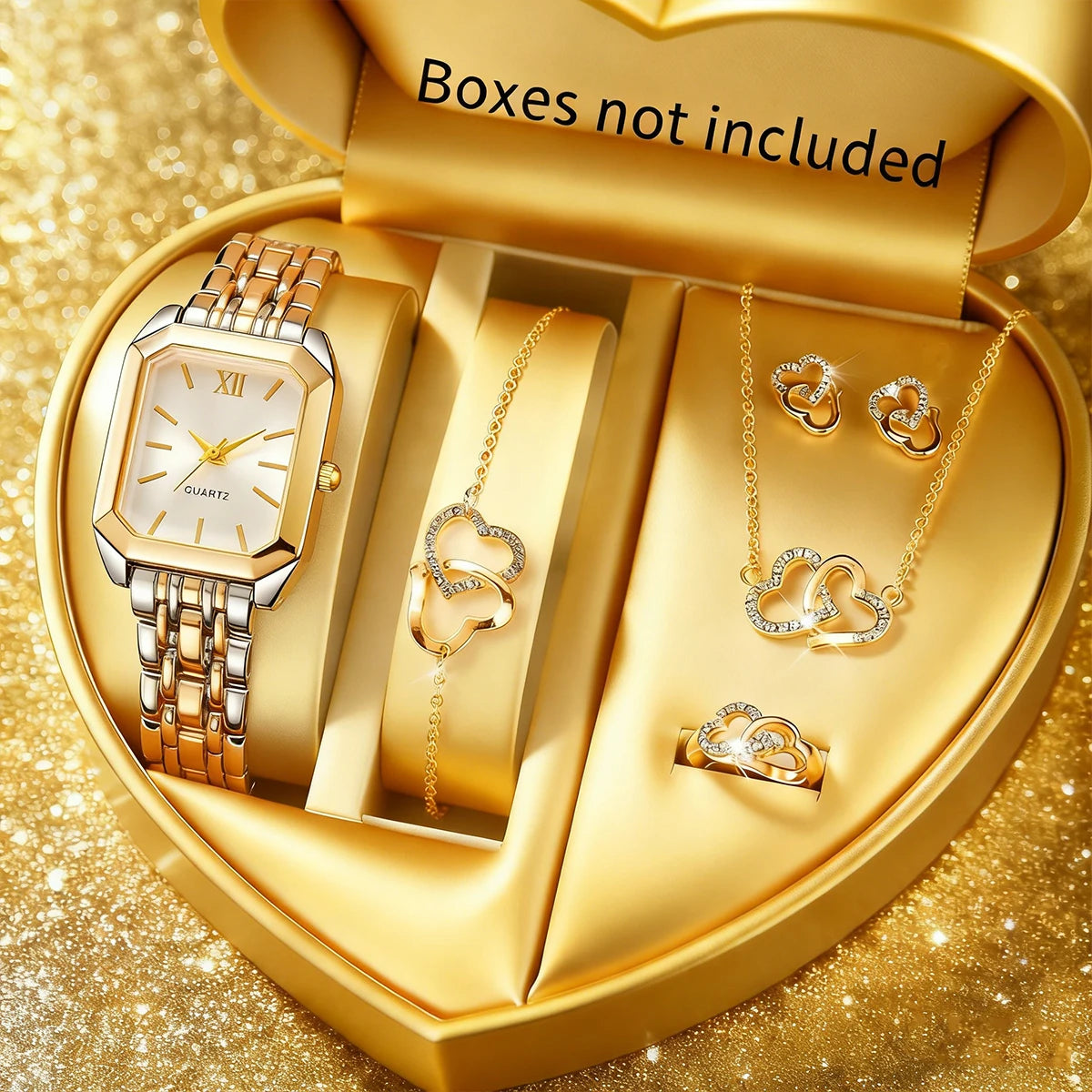 6PCS Elegant Women Rectangle Roma Dial Wristwatch Fashion Alloy Strap Quartz Watch With Diamond Heart Jewelry Set(Without Box)