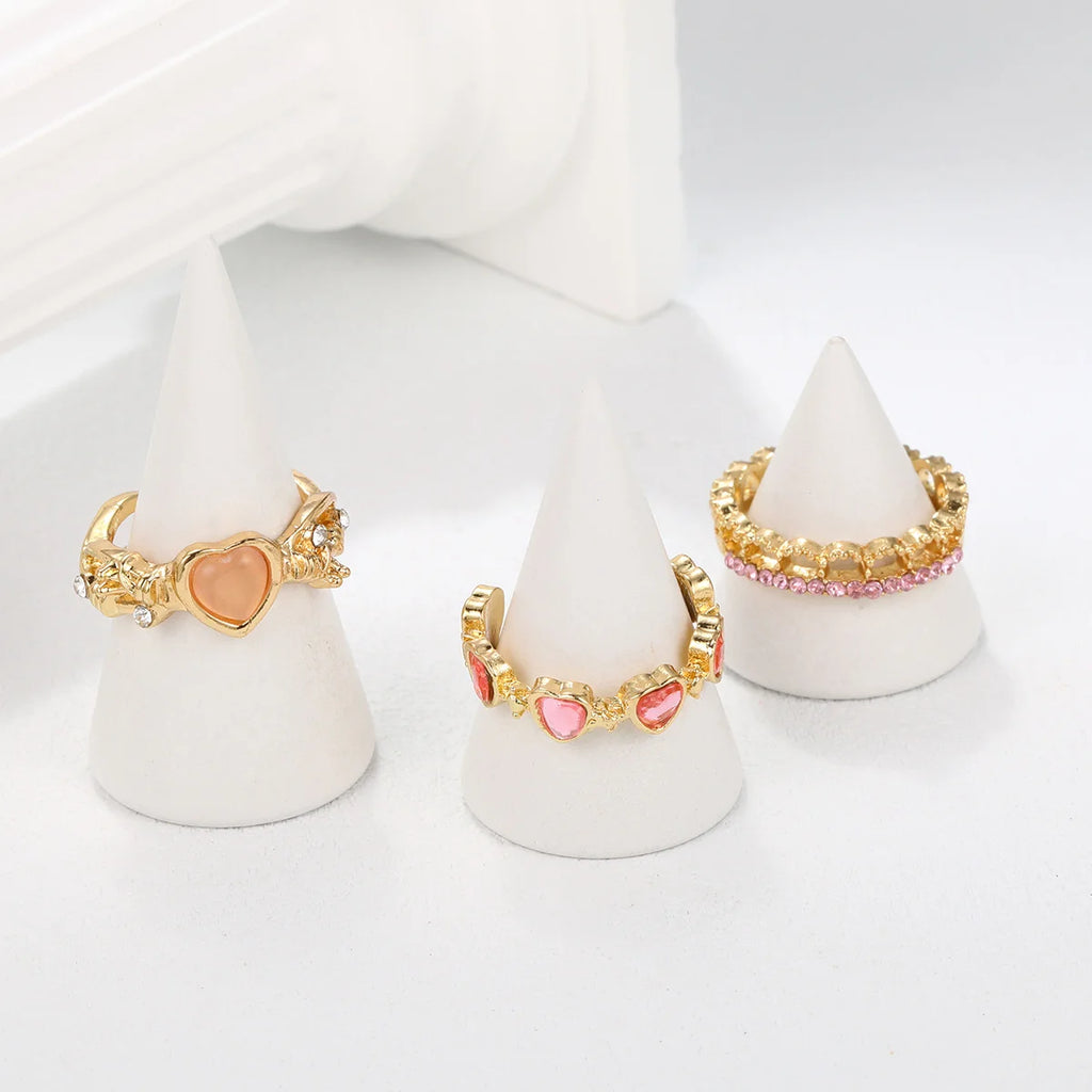 3 Pcs Set Love Heart Rings For Women Girls Light Luxury Sweet Rhinestone Opening Finger Ring Fashion Wedding Party Jewelry Gifts