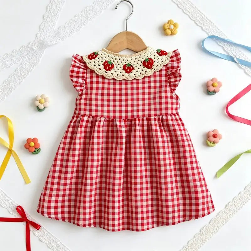 Baby Girl Dress Summer Red Checkered Cotton Girl Dress Cute Strawberry Lapel Girl Beach Dress