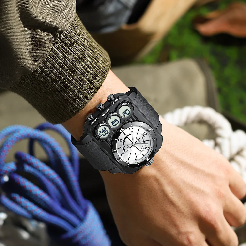 SANDA Men Watch Square Big Dial Waterproof Double Display Wristwatch Man Chronograph Digital Clock Men's Military Quartz Watches