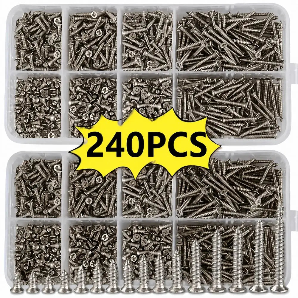240-Piece Self-Tapping Wood Screw Set Box 8 Sizes M2 Flat Metal Screws Classification Kit for Home Improvement