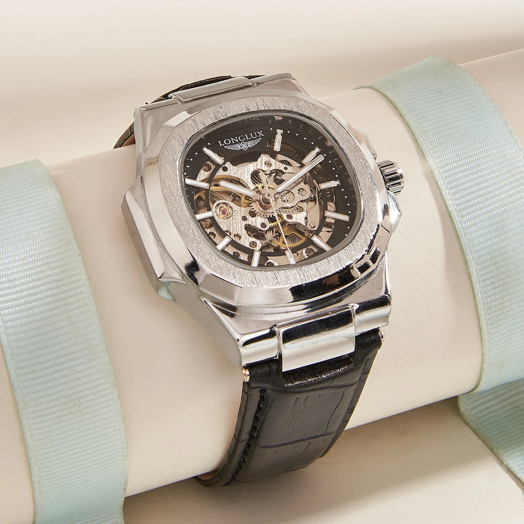 LONGLUX Automatic Mechanical Watch Outdoors Simple Luxury Watches Waterproof Cheap Wholesale Skeleton Leather Mens Watch Gift