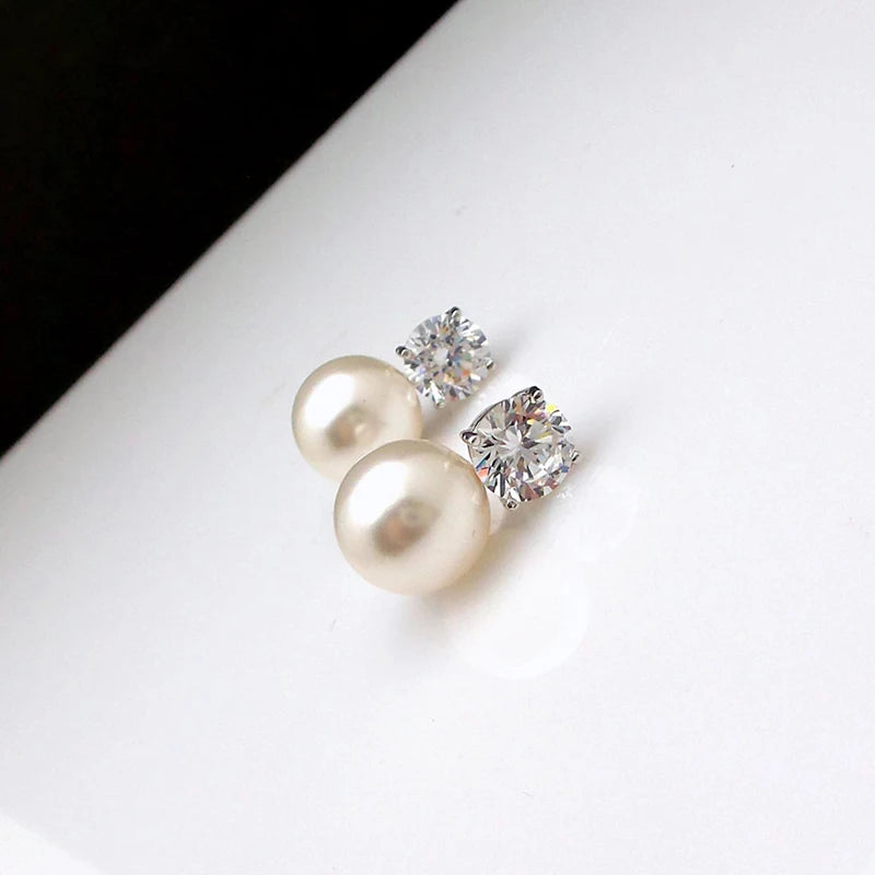 Huitan Dainty Women Imitation Pearl Stud Earrings Silver Color Eternity Wedding Earrings Daily Wear Temperament Elegant Jewelry
