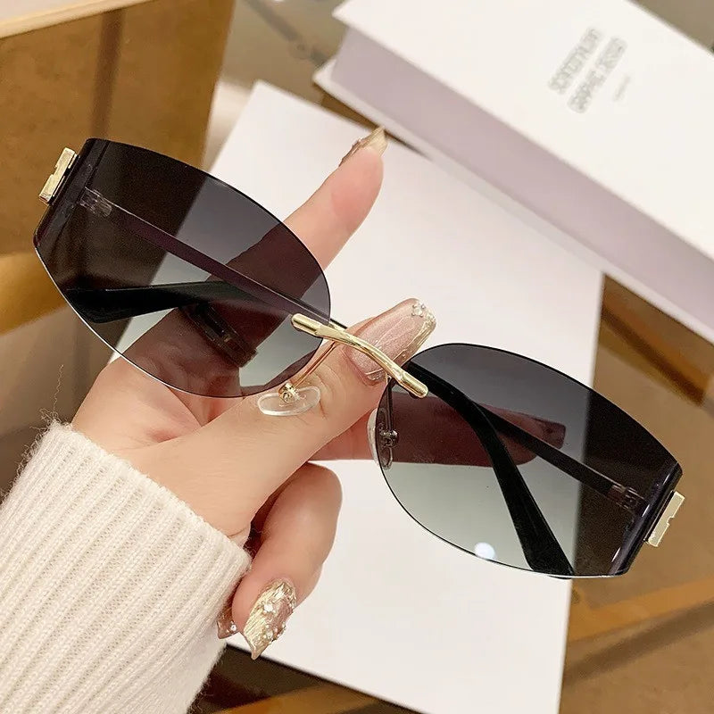 Rimless Oval Sunglasses Women UV400 Oversized Gradient Black Lenses Metal Frame Punk Decorative Glasses Men Goggles Female