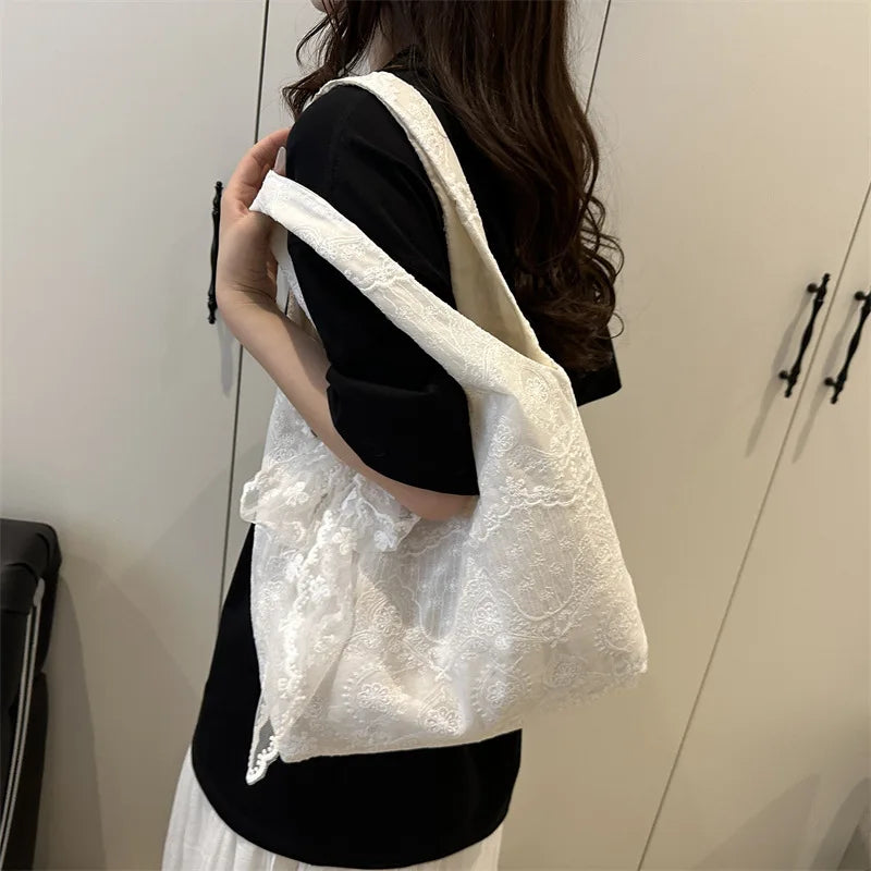 Casual Lace Embroidery Shoulder Bags for Women Simple Versatile Ladies Handbags Large Tote Lightweight Commuter Female Vest Bag