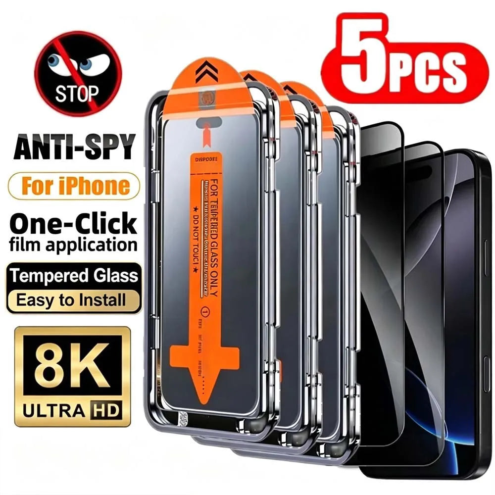 5Pcs 8K Dust Free Install Privacy Tempered Glass For iPhone 18 17 16 15 14 13 11 12 11 Pro Max XR XS Anti-spy Screen Protector