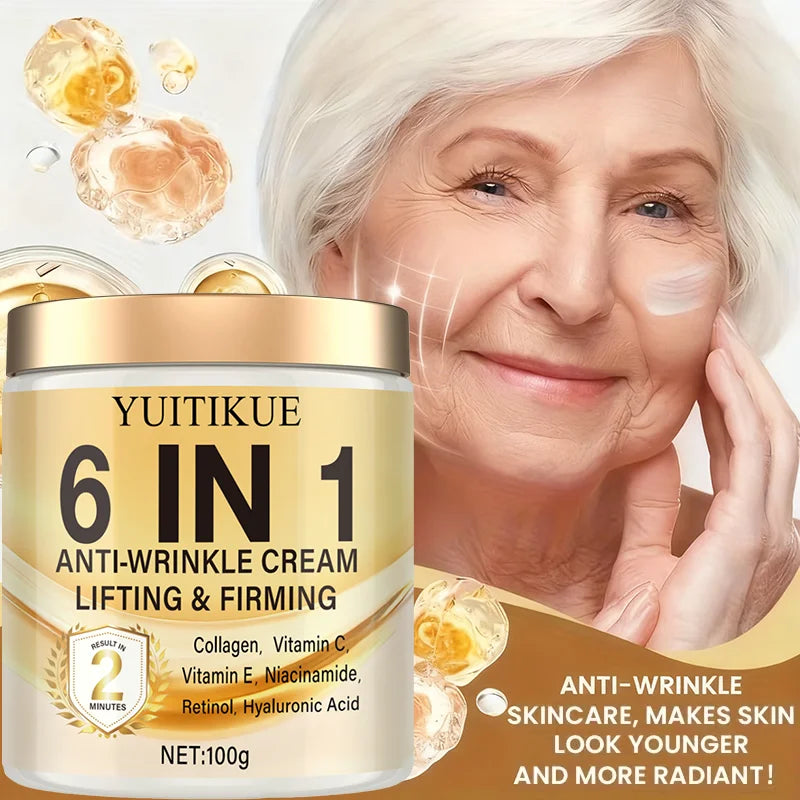 6-in-1 Anti-Wrinkle Cream: Deeply moisturizes, firms the skin, contains Vitamins C and E, retinol, and hyaluronic acid.